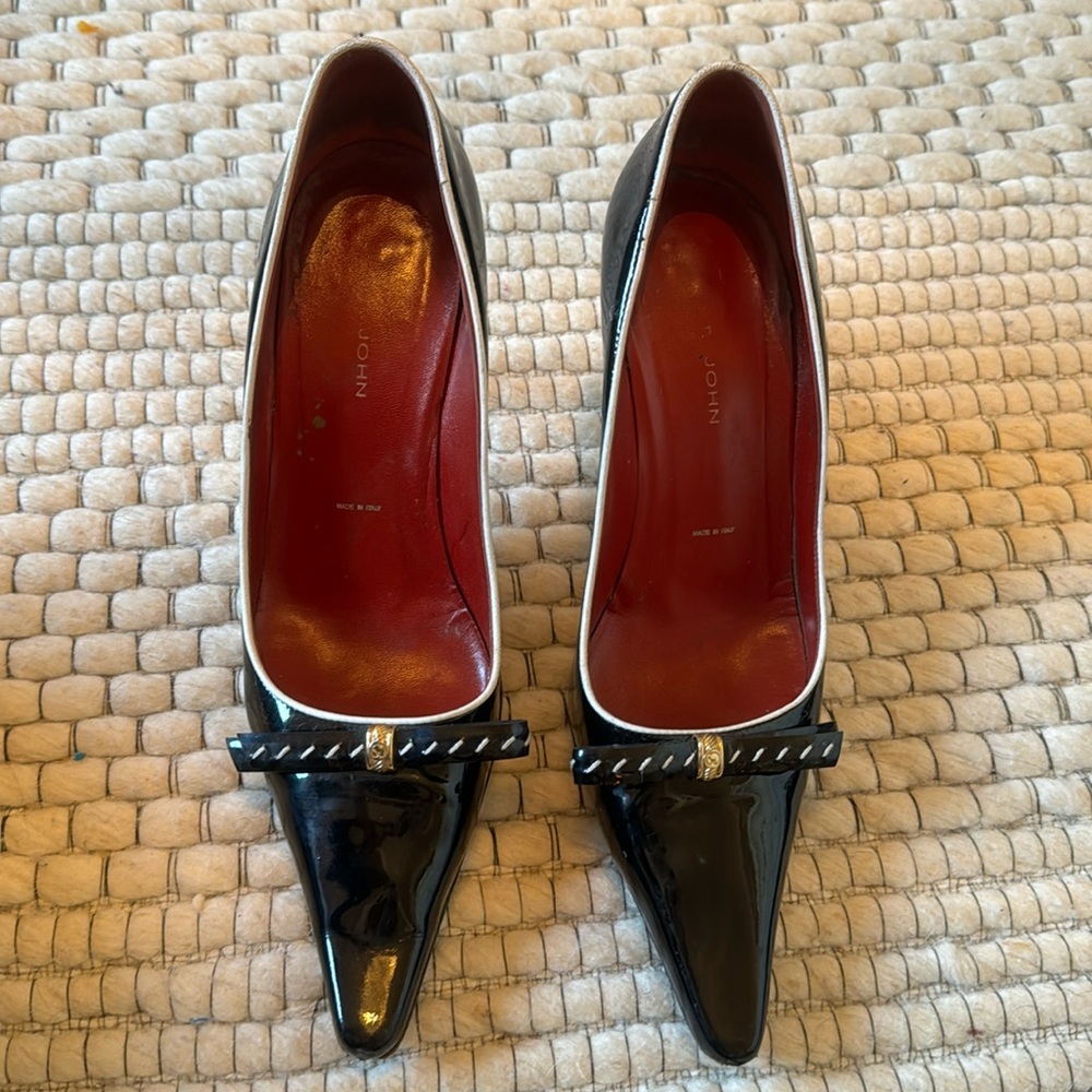 St. John Black Patent Heels with White Trim and Red Insoles
